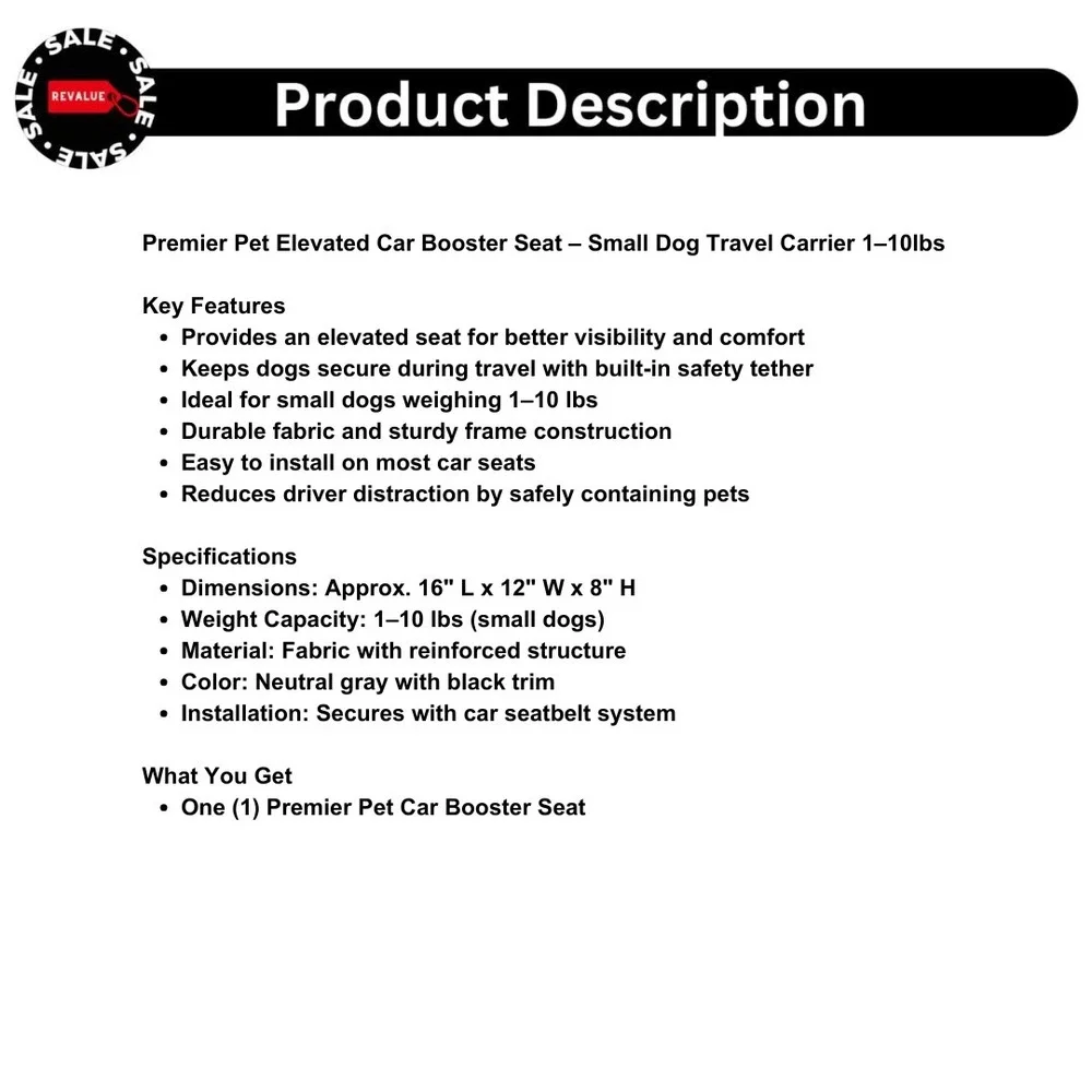 Premier Pet Elevated Car Booster Seat – Small‎ Dog Travel Carrier 1–10lbs